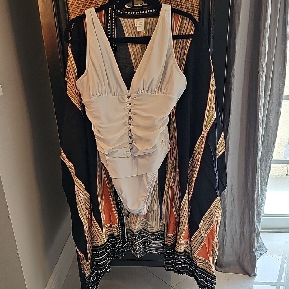 Elegant White Swimsuit With Multi-Color Coverup